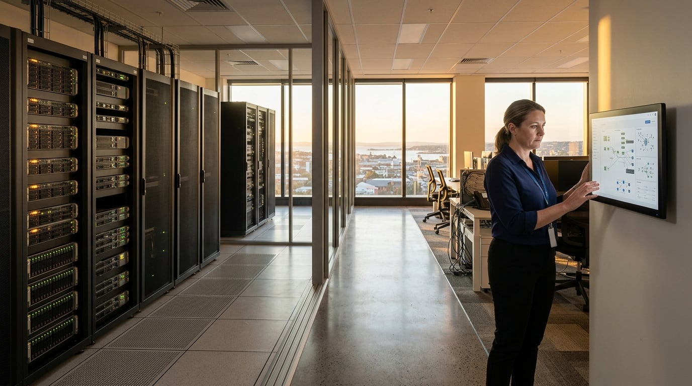 IT manager auditing AI tools in the workplace inside a Newcastle server room at golden hour