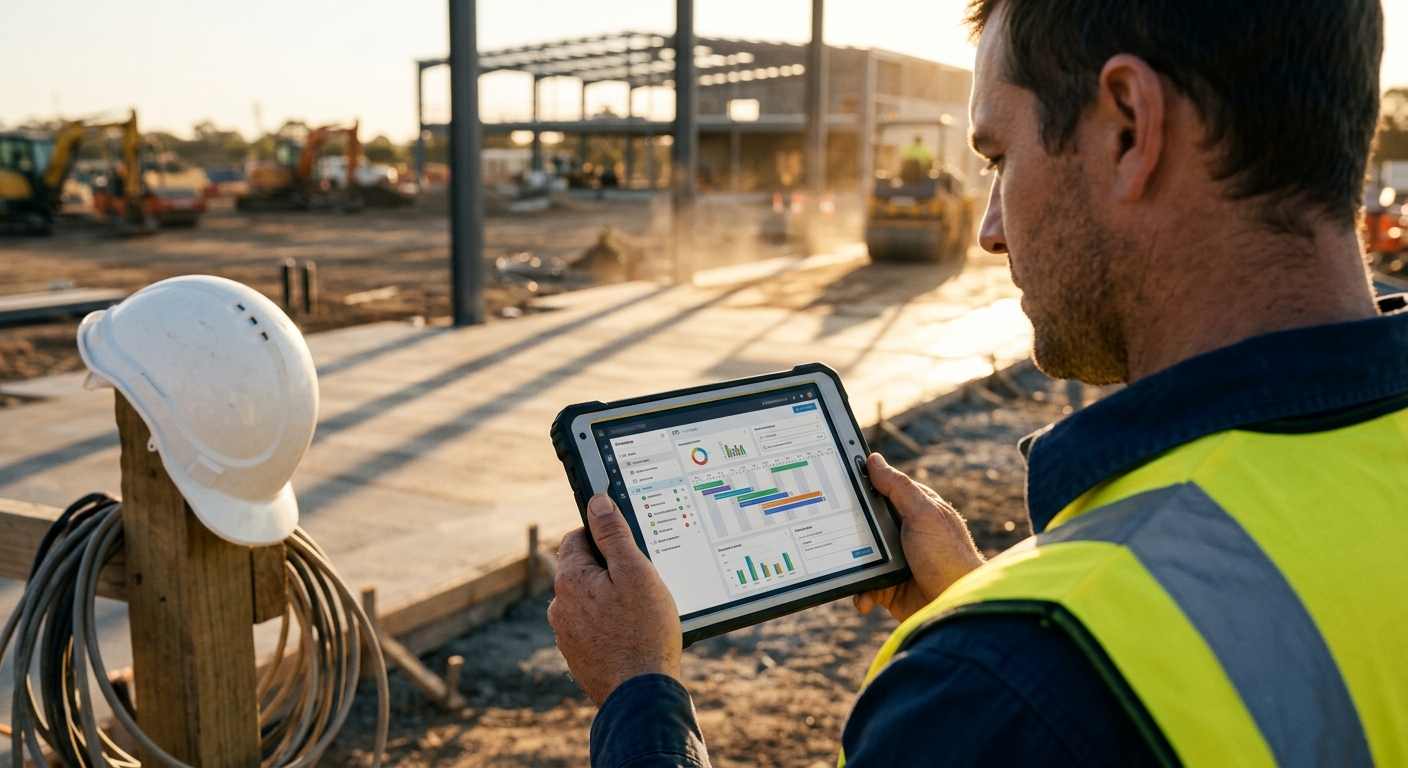 Tradesperson using AI tools in the workplace on a tablet at a Hunter Region construction job site at golden hour