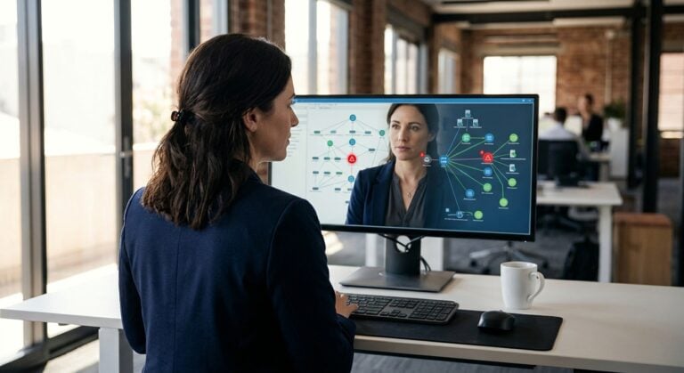 IT professional reviewing DNS security for small business on a network monitoring screen in a Newcastle office