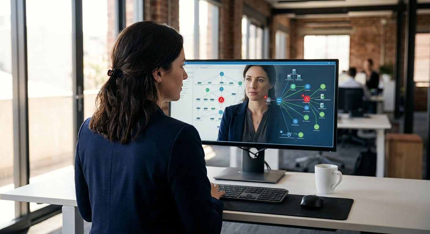 IT professional reviewing DNS security for small business on a network monitoring screen in a Newcastle office