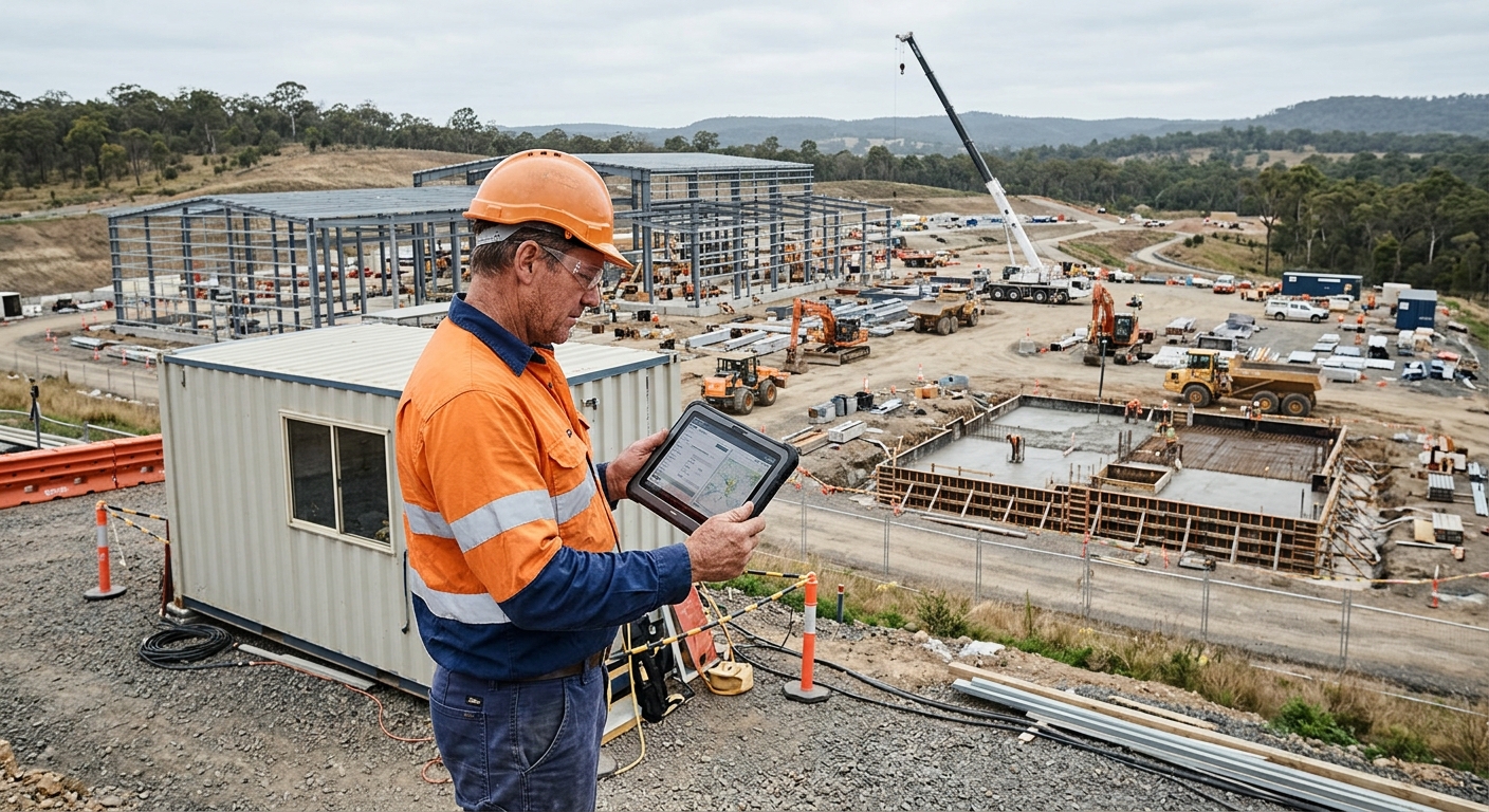 Tradesperson reviewing DNS security for small business on a ruggedised tablet at a Hunter Region construction site