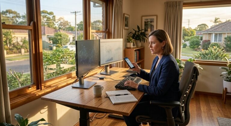 Australian SMB professional reviewing encrypted messaging apps security risks on smartphone at home office desk at golden hour in Newcastle