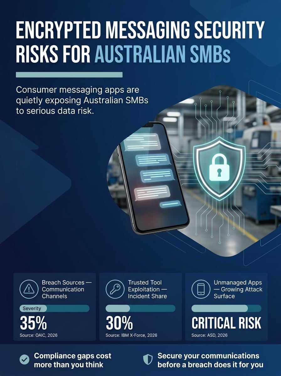 Infographic showing encrypted messaging apps security risks for Australian SMBs with statistics from OAIC, IBM X-Force and ASD 2026
