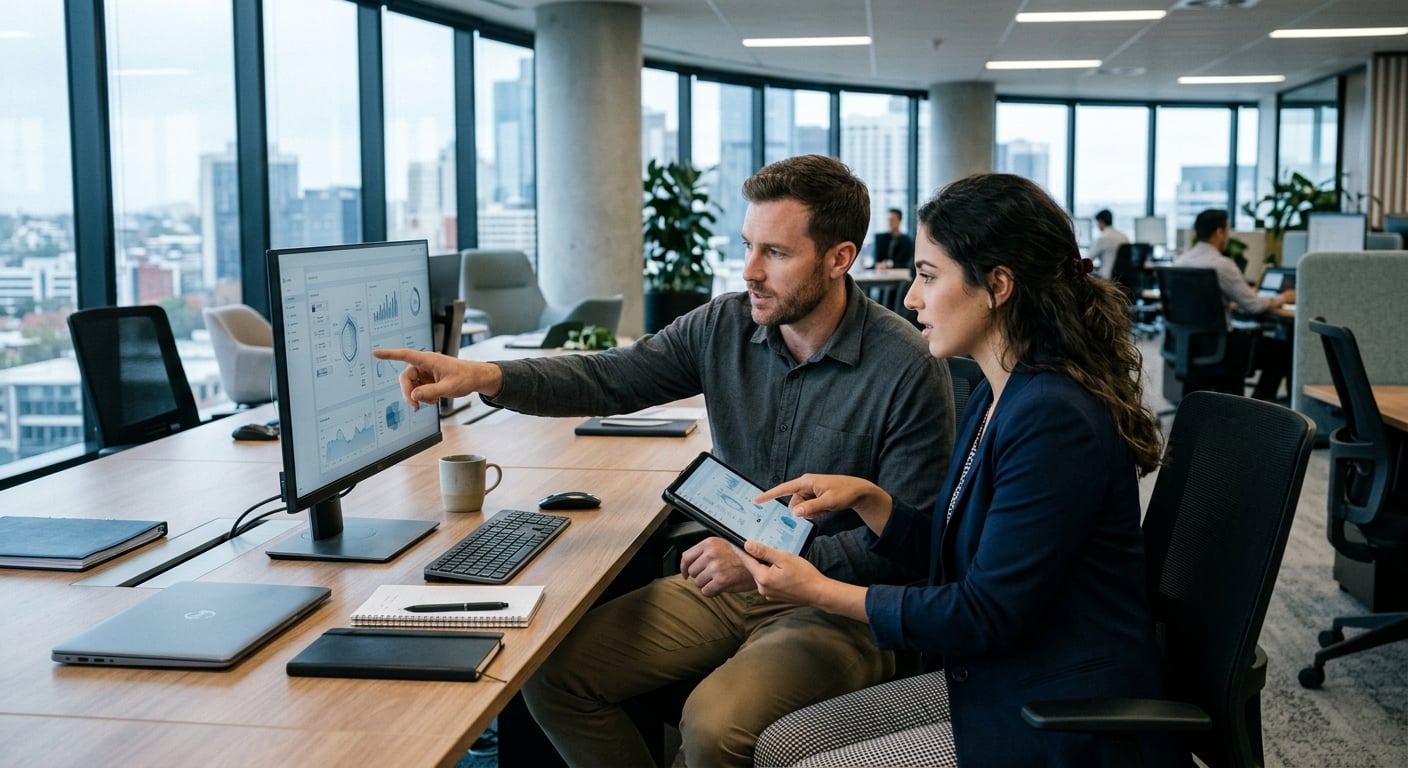 Two Australian IT professionals collaborating to review encrypted messaging apps security risks on monitors in a modern Newcastle office