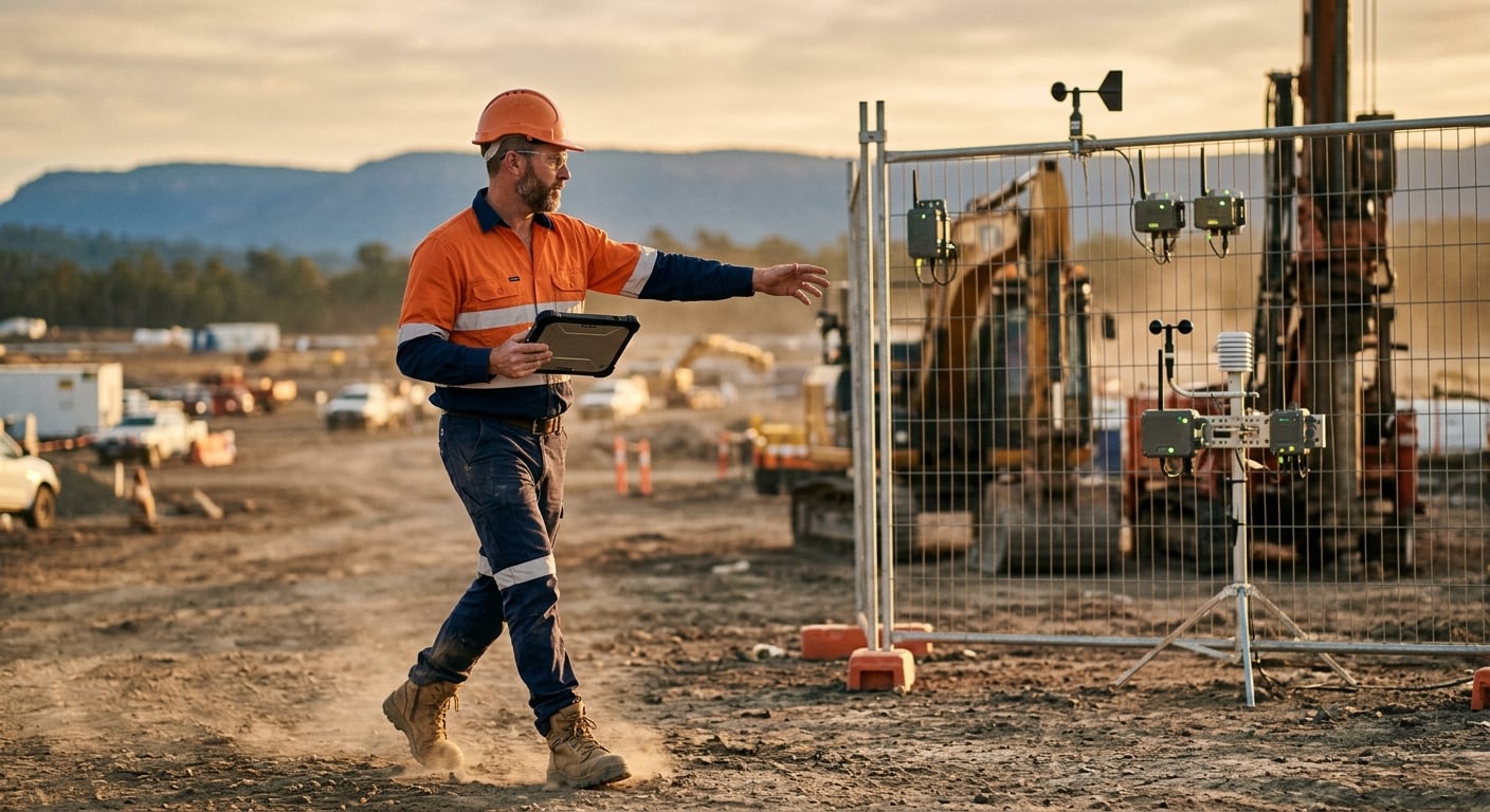Tradesperson on Hunter Region job site reviewing IoT device security on a ruggedised tablet among connected field sensors