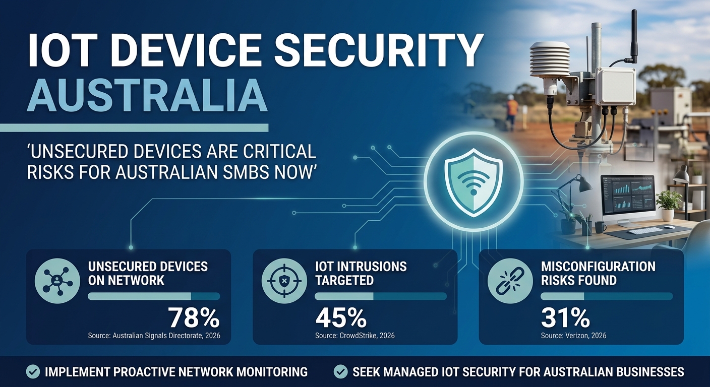 Infographic showing three IoT device security statistics from ASD, CrowdStrike and Verizon 2026 on a navy blue background