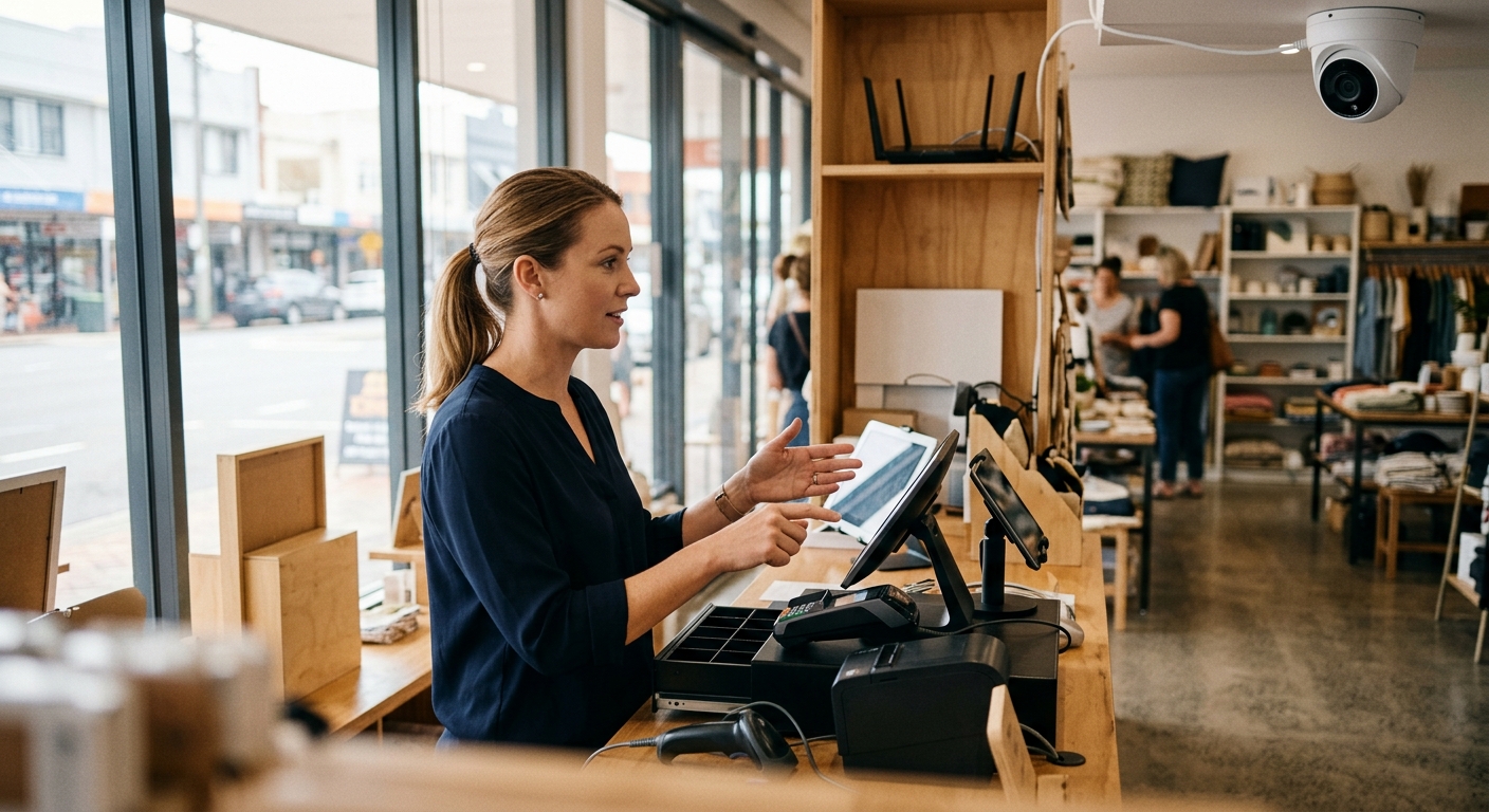 Wide elevated shot of a Hunter Region retail counter showing multiple unsecured IoT devices including payment terminal, camera and scanner relevant to IoT device security