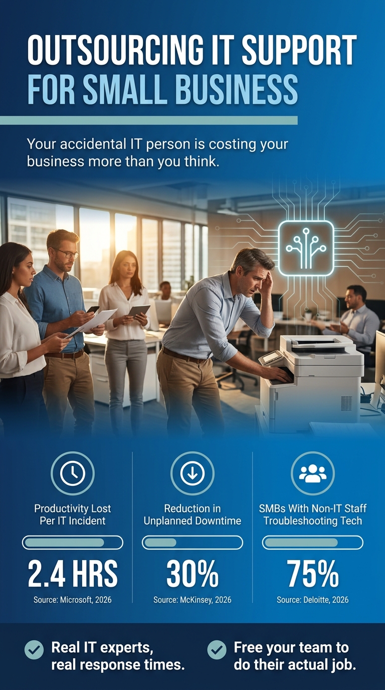 Infographic showing 75% of Australian SMBs have non-IT staff troubleshooting tech, 2.4 hrs productivity lost per incident, and 30% downtime reduction from outsourcing IT support