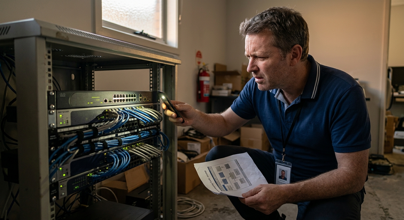Non-IT staff member puzzling over office server rack equipment, a scene outsourcing IT support for small business eliminates entirely